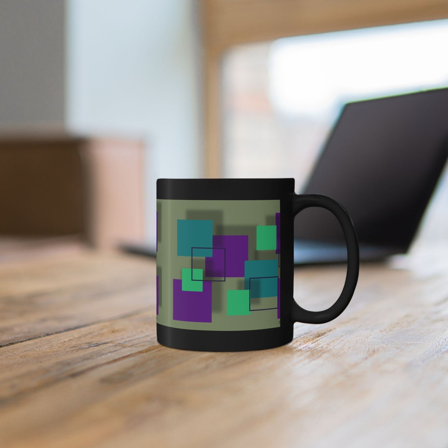 Elsewhere (Geometric Squares Black Mug) — Modern Teal & Purple Abstract Coffee Cup (11oz/15oz)