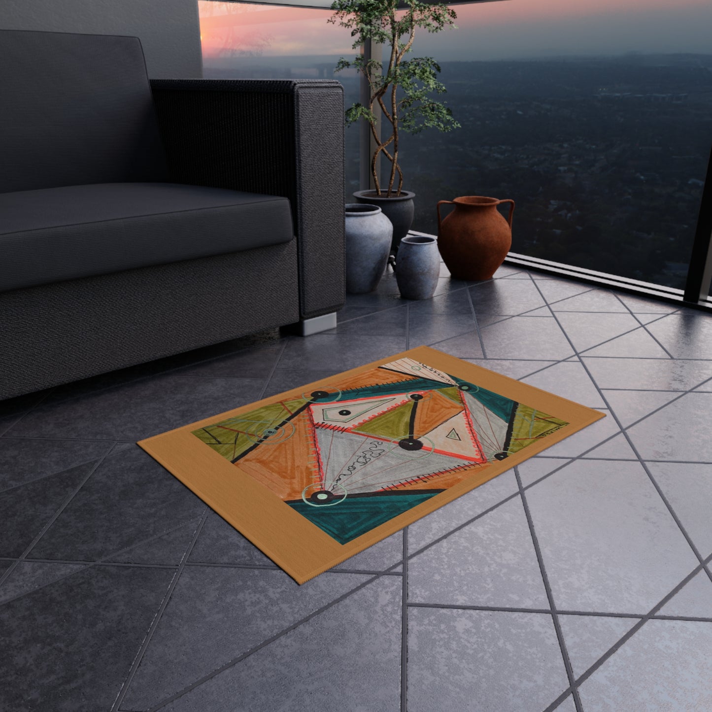 Abstract Geometric Outdoor Rug — Modern Colorful Patio Mat