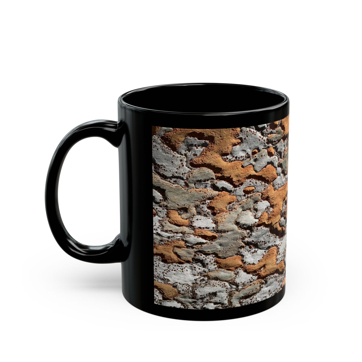 Rustic Birch Bark Pattern Mug — Nature-Inspired Black Ceramic Coffee Cup (11oz/15oz)