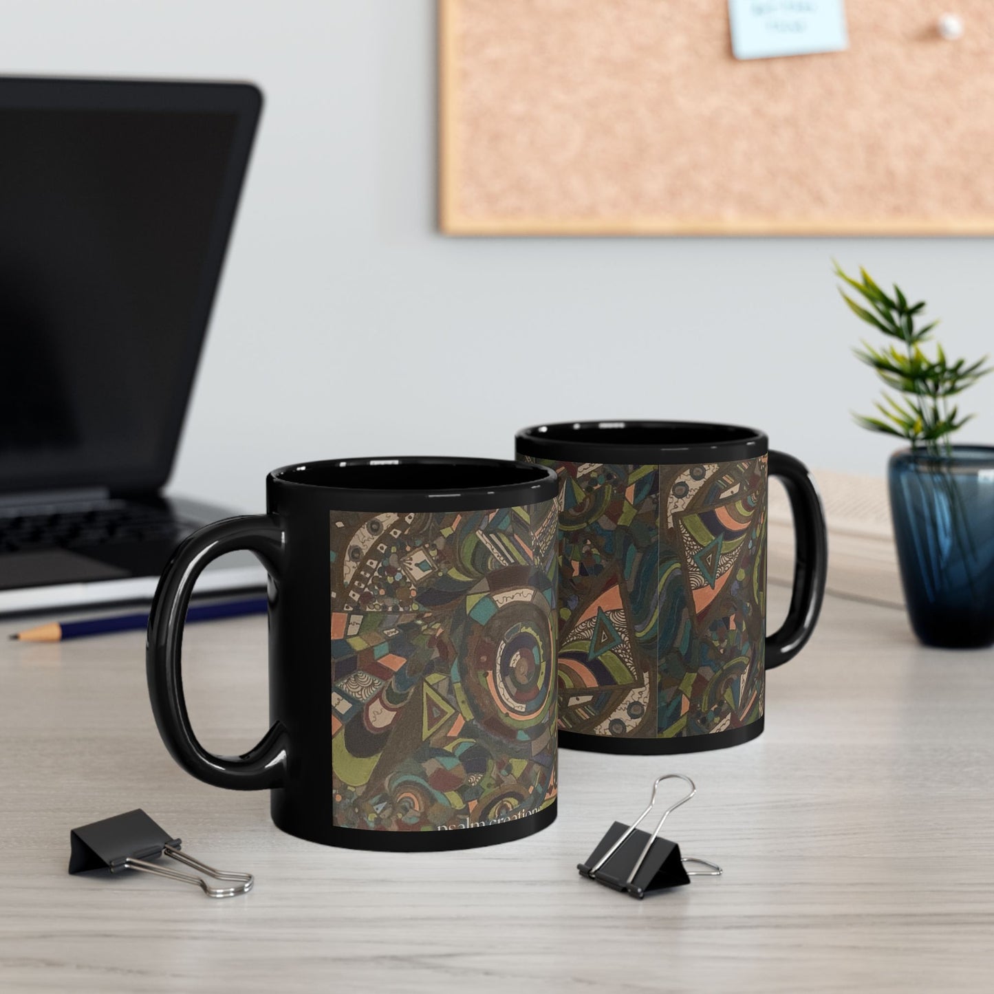Abstract Boho Pattern Black Coffee Mug – Earthy Geometric Art 11oz/15oz