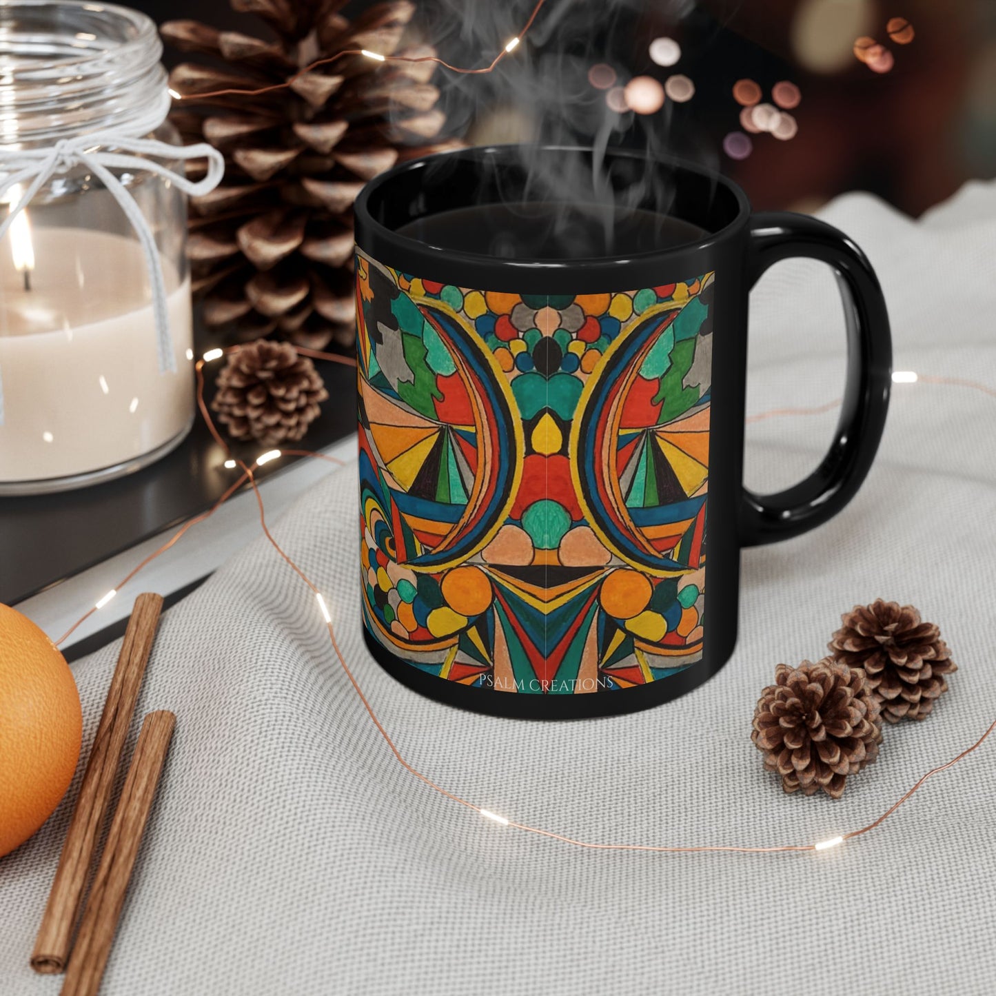 Colorful Abstract Art Black Mug — Vibrant Geometric Coffee Cup (11oz/15oz)