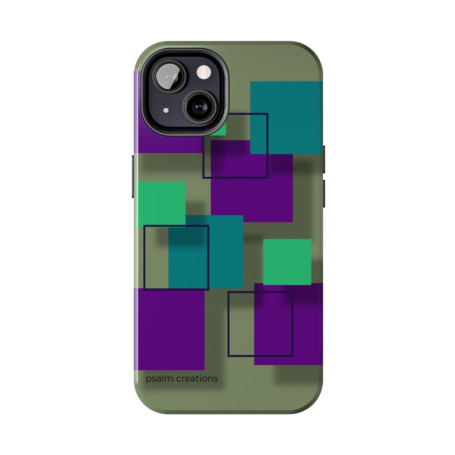 Geometric Olive Green Tough Phone Case – Teal & Purple Square Pattern