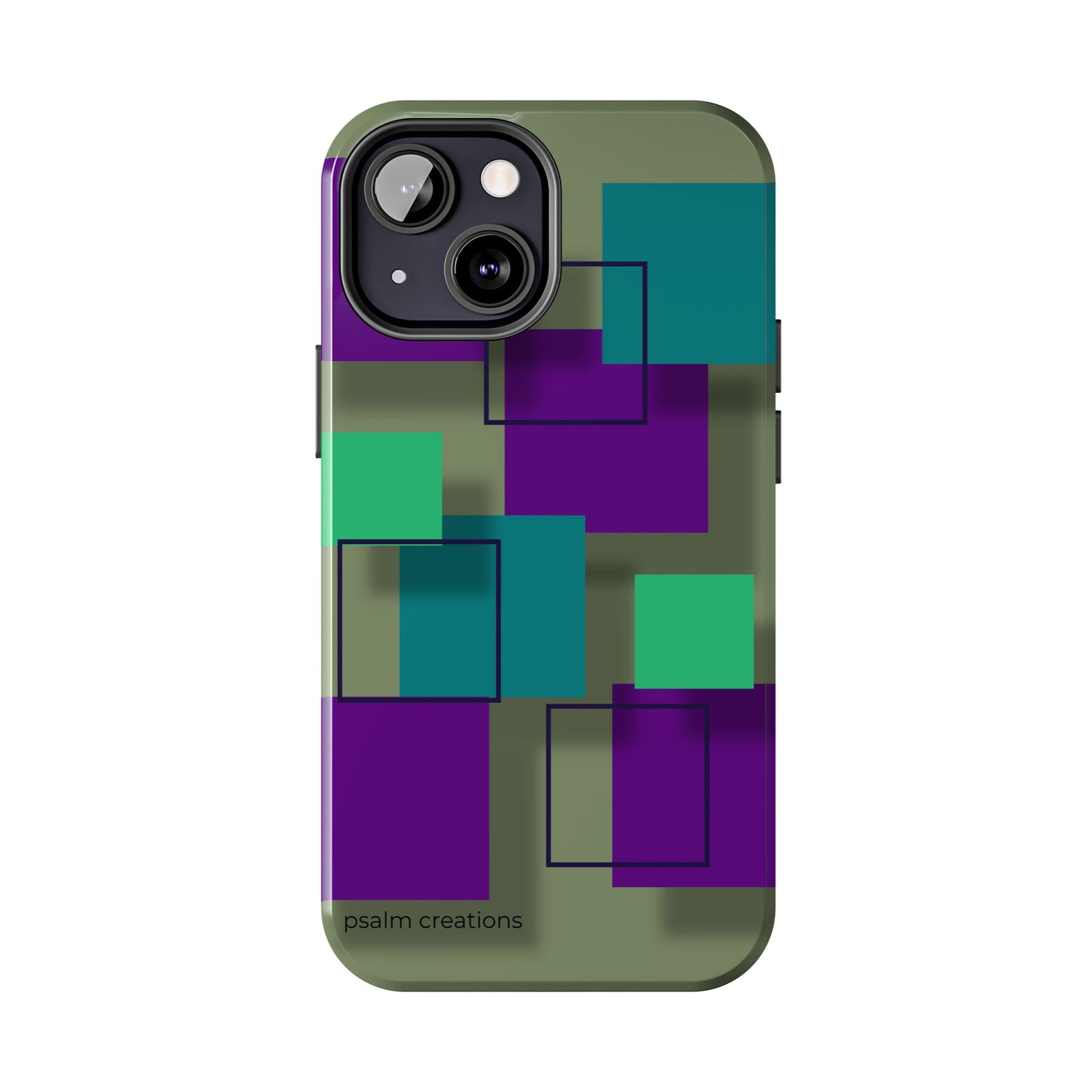 Geometric Olive Green Tough Phone Case – Teal & Purple Square Pattern