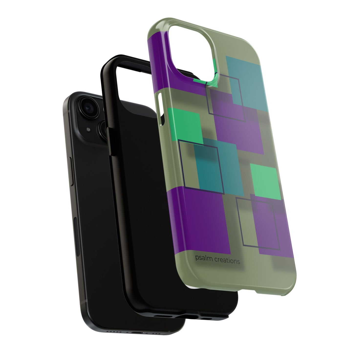 Geometric Olive Green Tough Phone Case – Teal & Purple Square Pattern