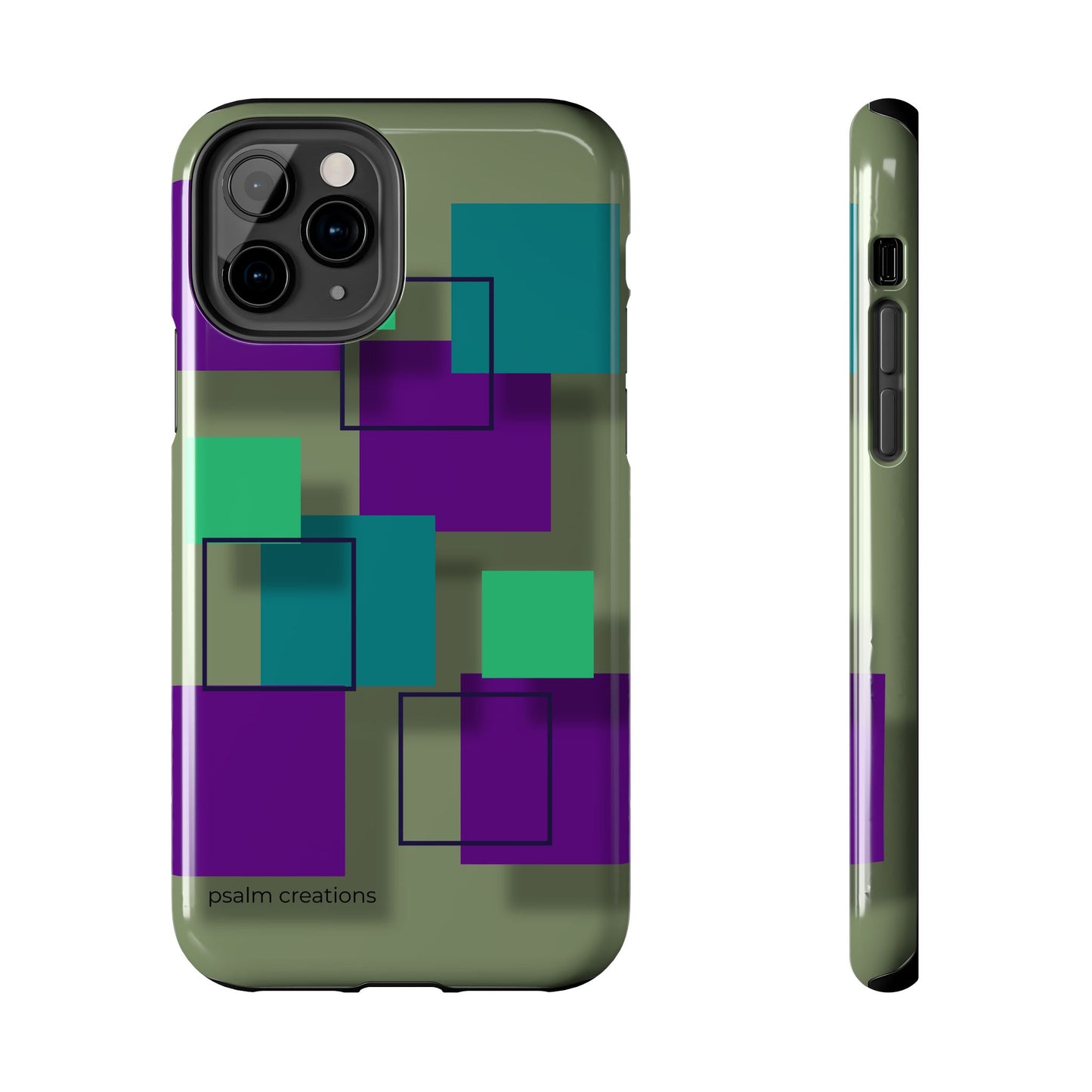Geometric Olive Green Tough Phone Case – Teal & Purple Square Pattern