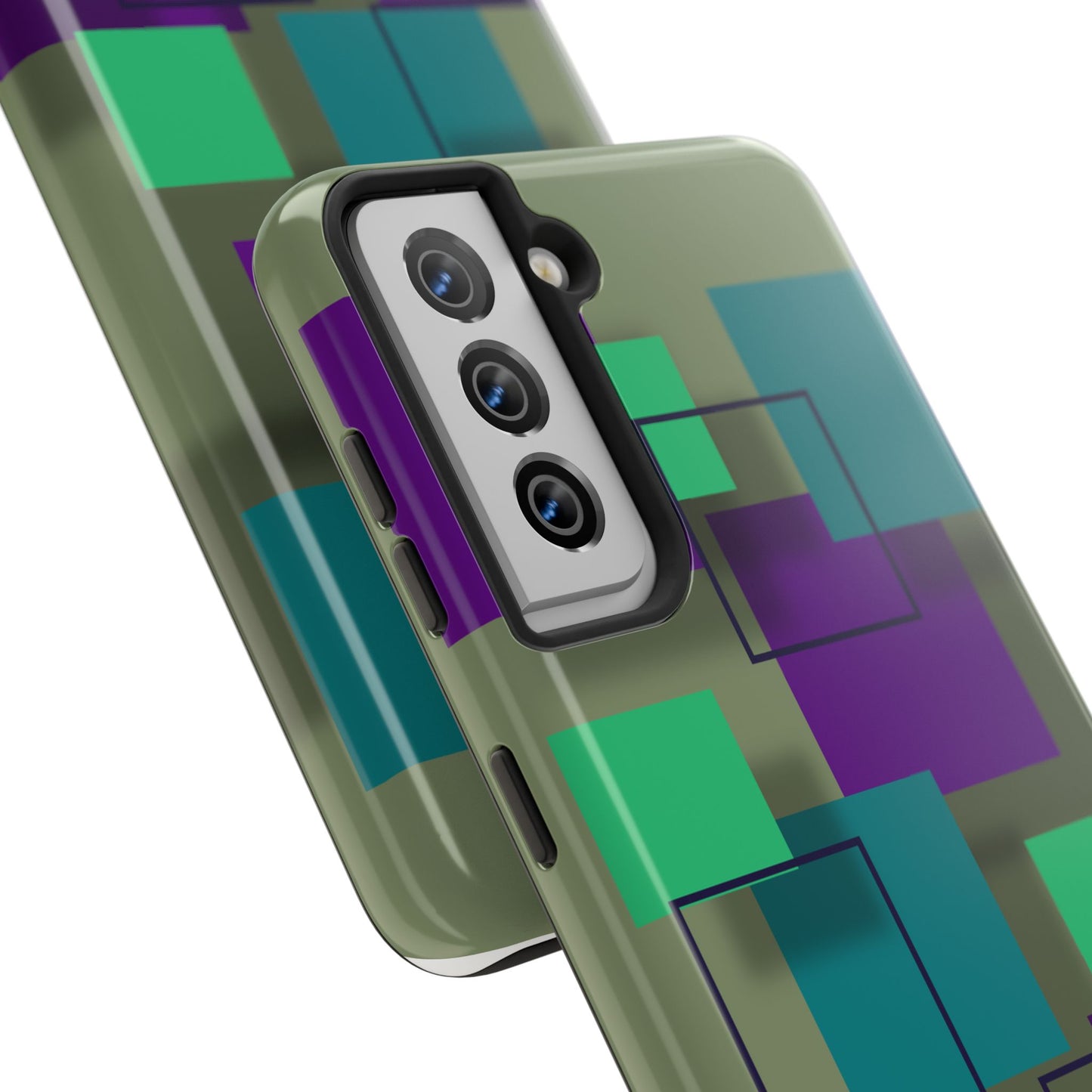 Geometric Olive Green Tough Phone Case – Teal & Purple Square Pattern