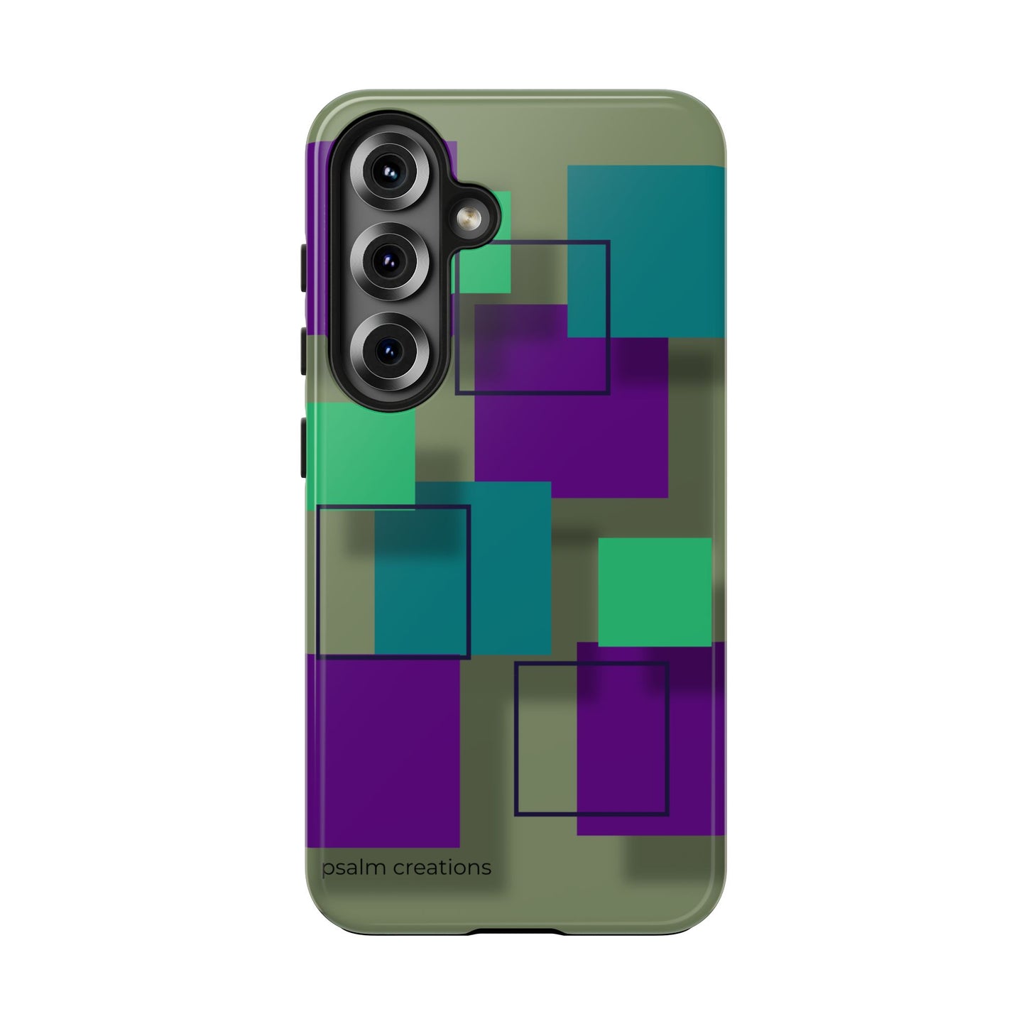Geometric Olive Green Tough Phone Case – Teal & Purple Square Pattern