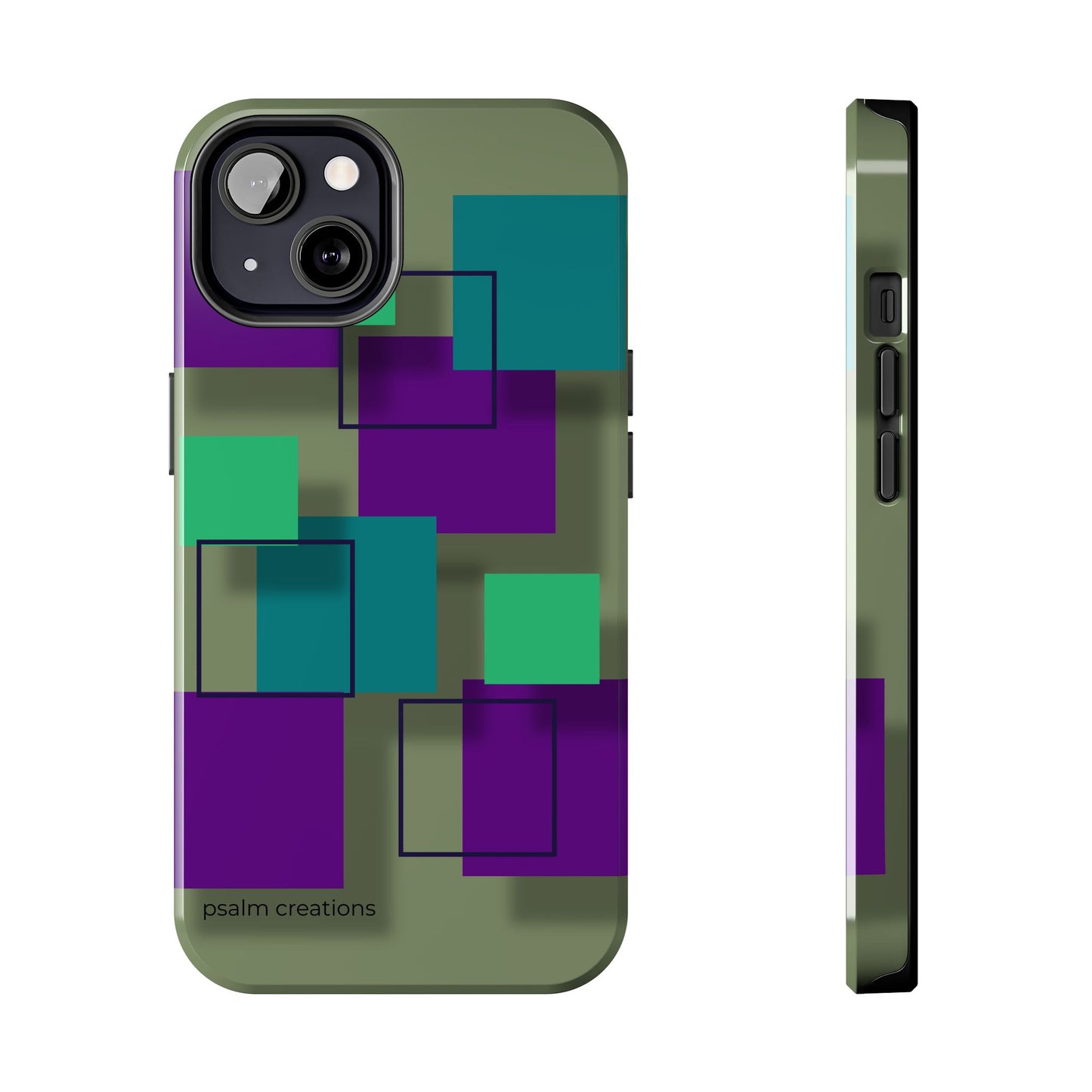 Geometric Olive Green Tough Phone Case – Teal & Purple Square Pattern