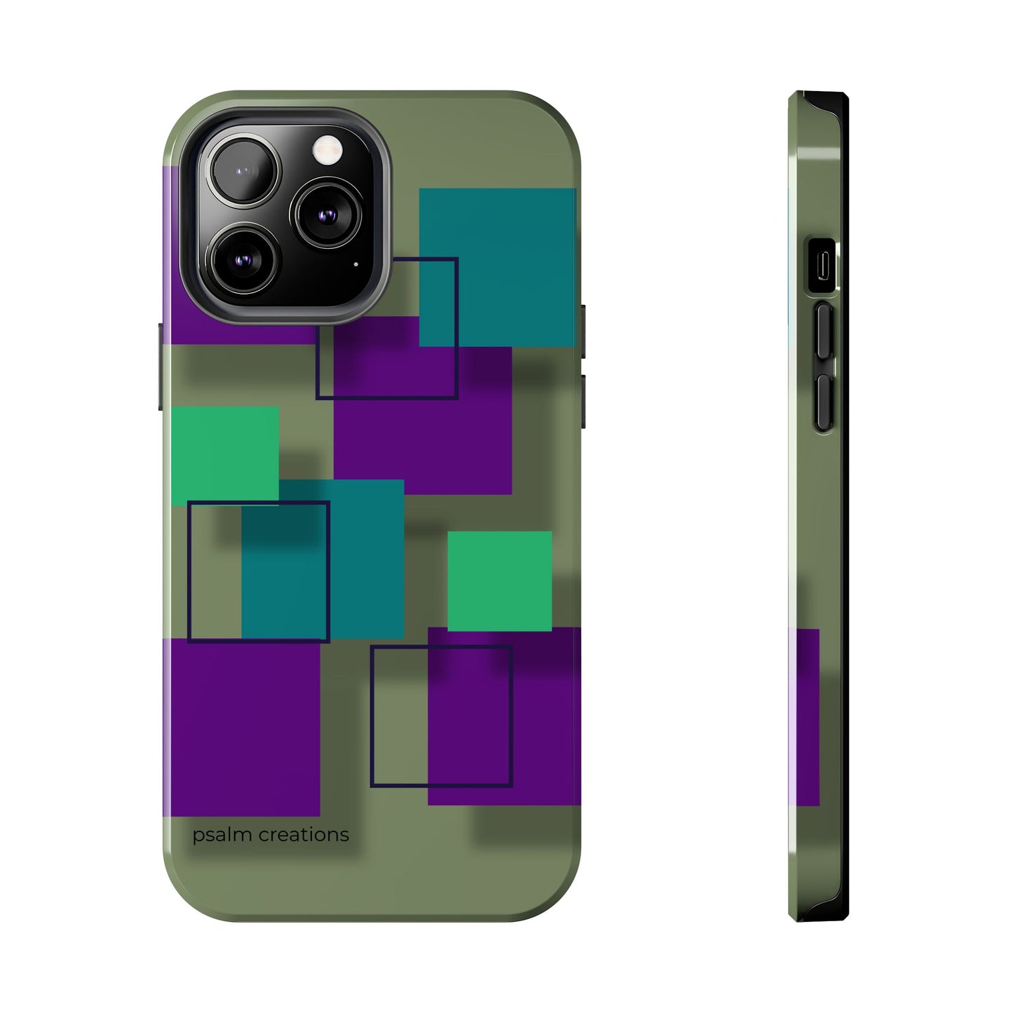 Geometric Olive Green Tough Phone Case – Teal & Purple Square Pattern