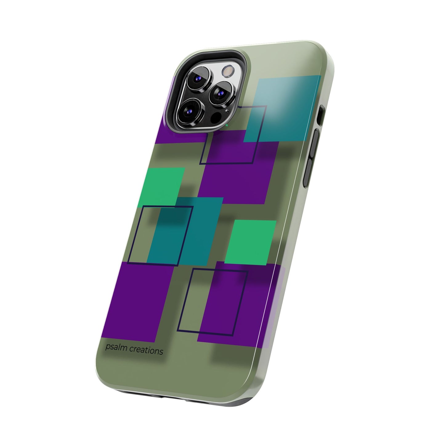Geometric Olive Green Tough Phone Case – Teal & Purple Square Pattern