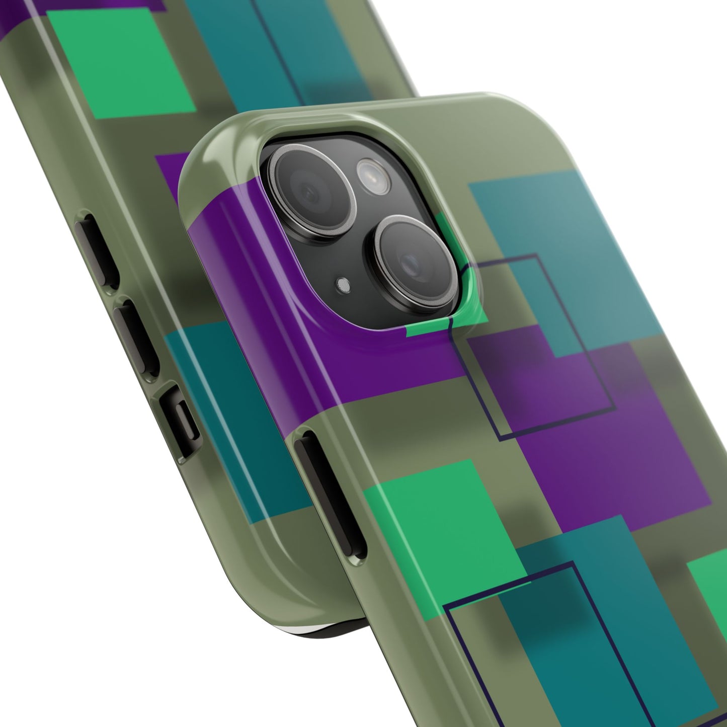 Geometric Olive Green Tough Phone Case – Teal & Purple Square Pattern