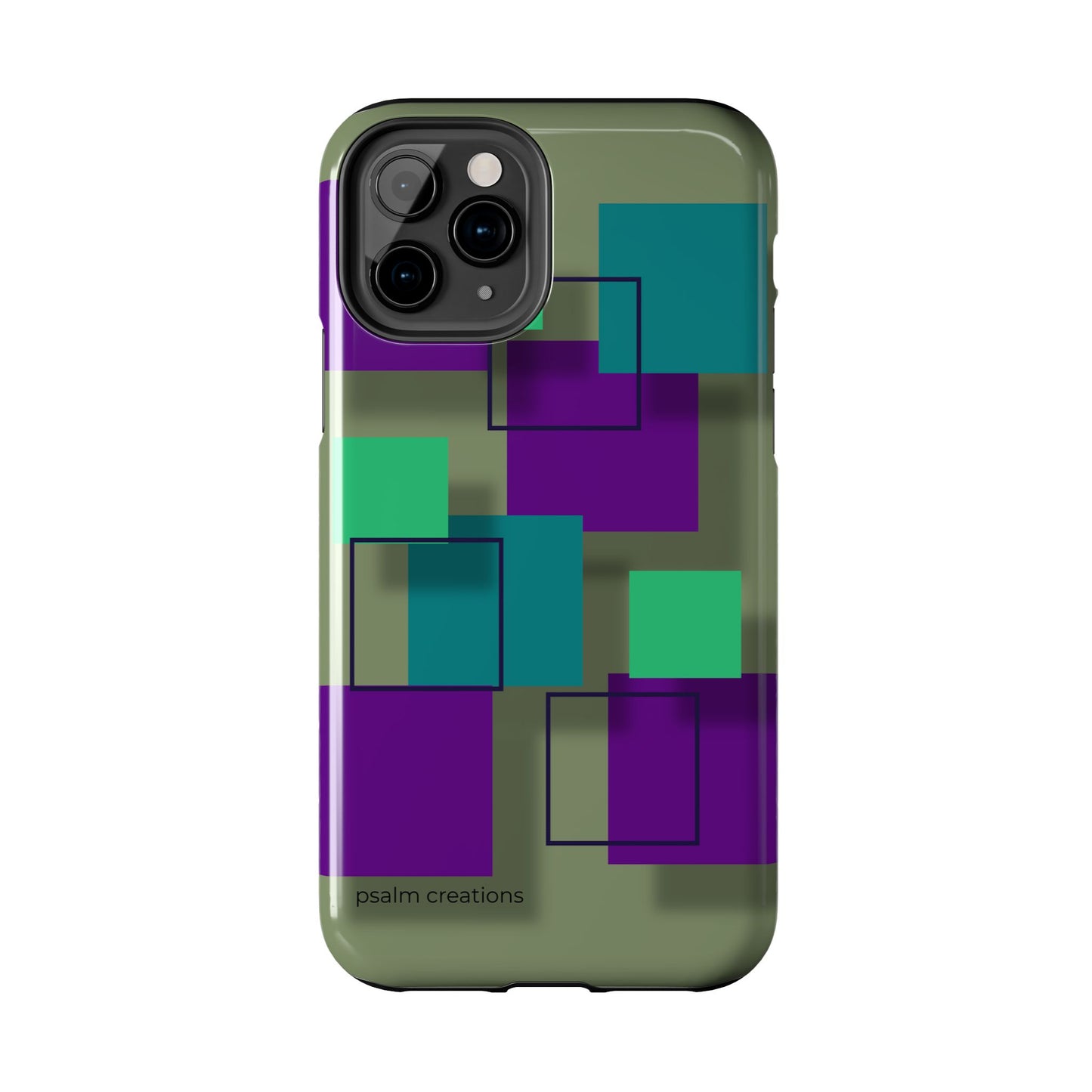 Geometric Olive Green Tough Phone Case – Teal & Purple Square Pattern