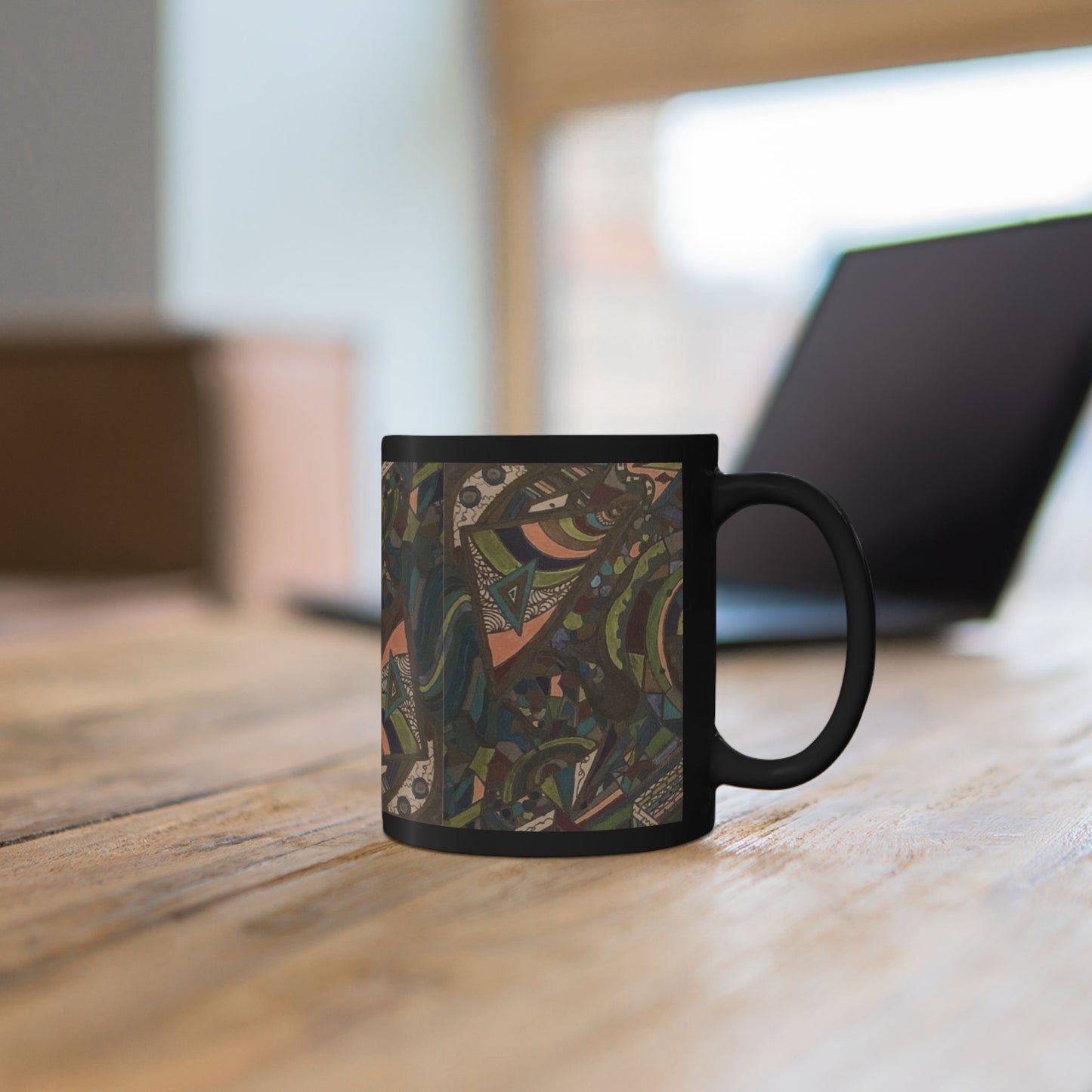 Abstract Boho Pattern Black Coffee Mug – Earthy Geometric Art 11oz/15oz