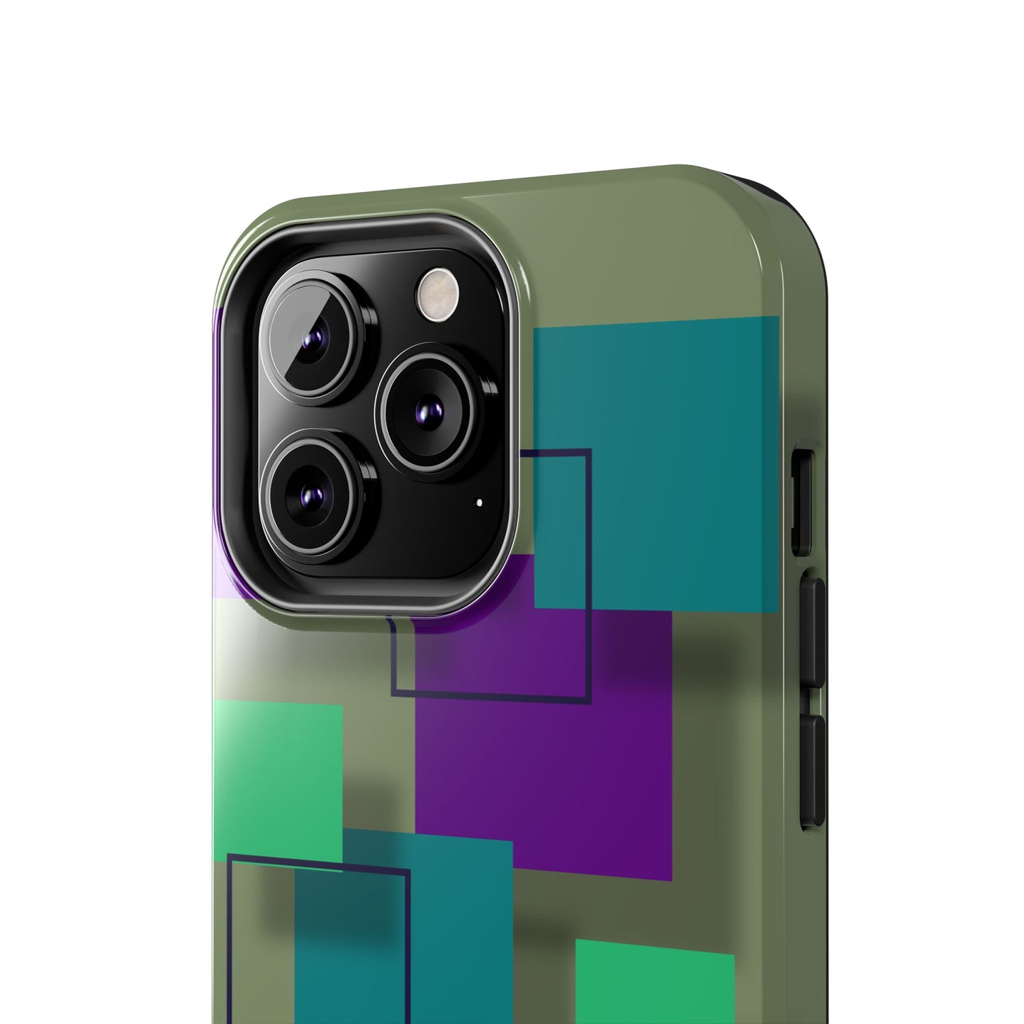 Geometric Olive Green Tough Phone Case – Teal & Purple Square Pattern