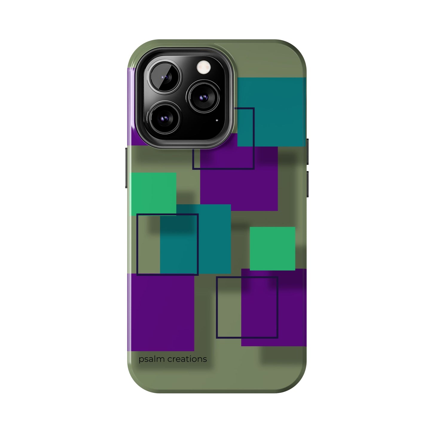 Geometric Olive Green Tough Phone Case – Teal & Purple Square Pattern