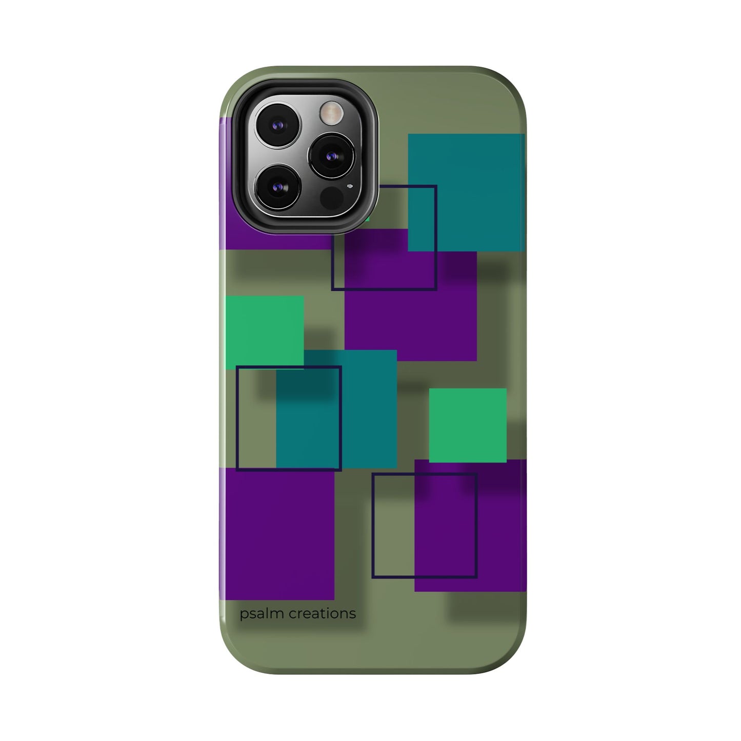 Geometric Olive Green Tough Phone Case – Teal & Purple Square Pattern