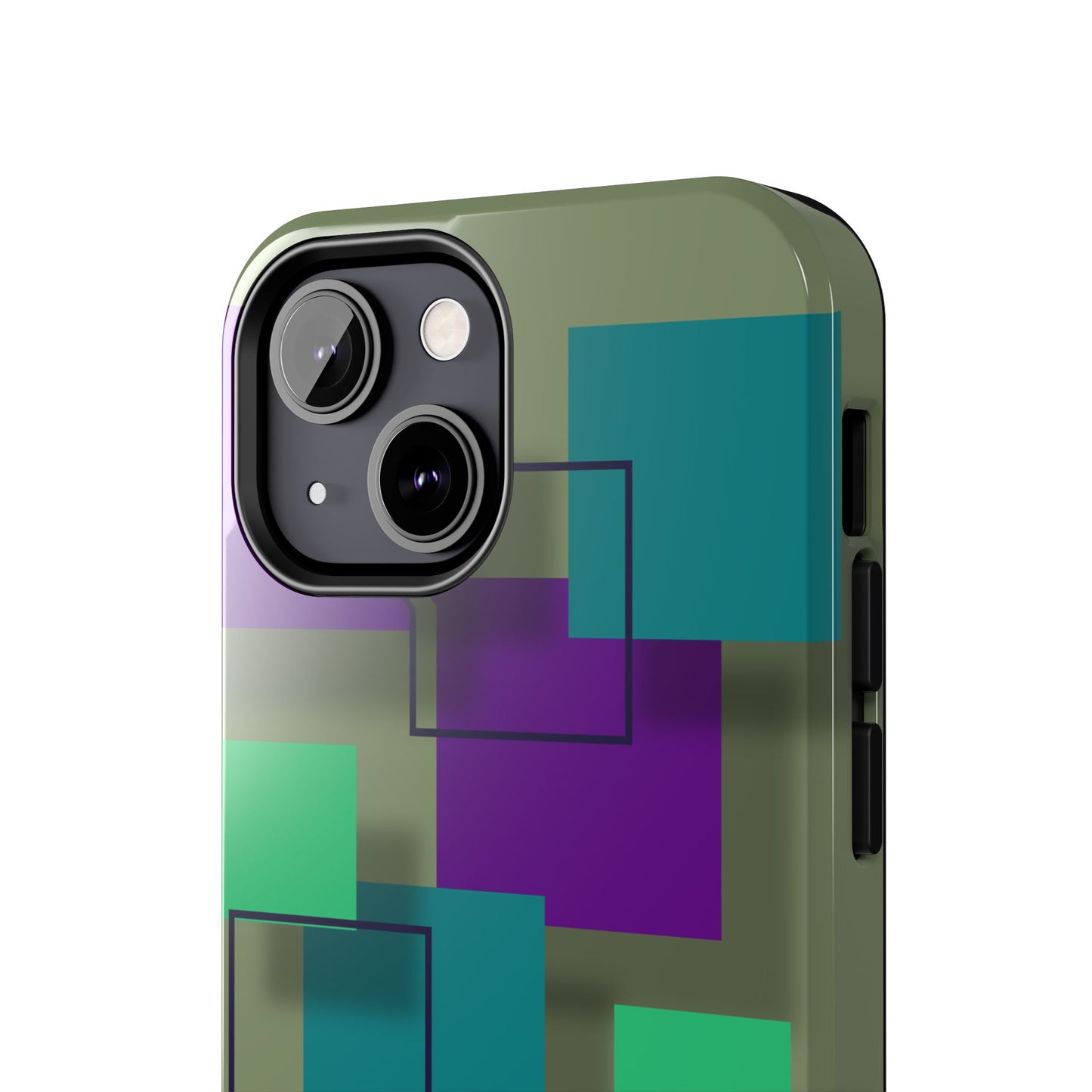 Geometric Olive Green Tough Phone Case – Teal & Purple Square Pattern