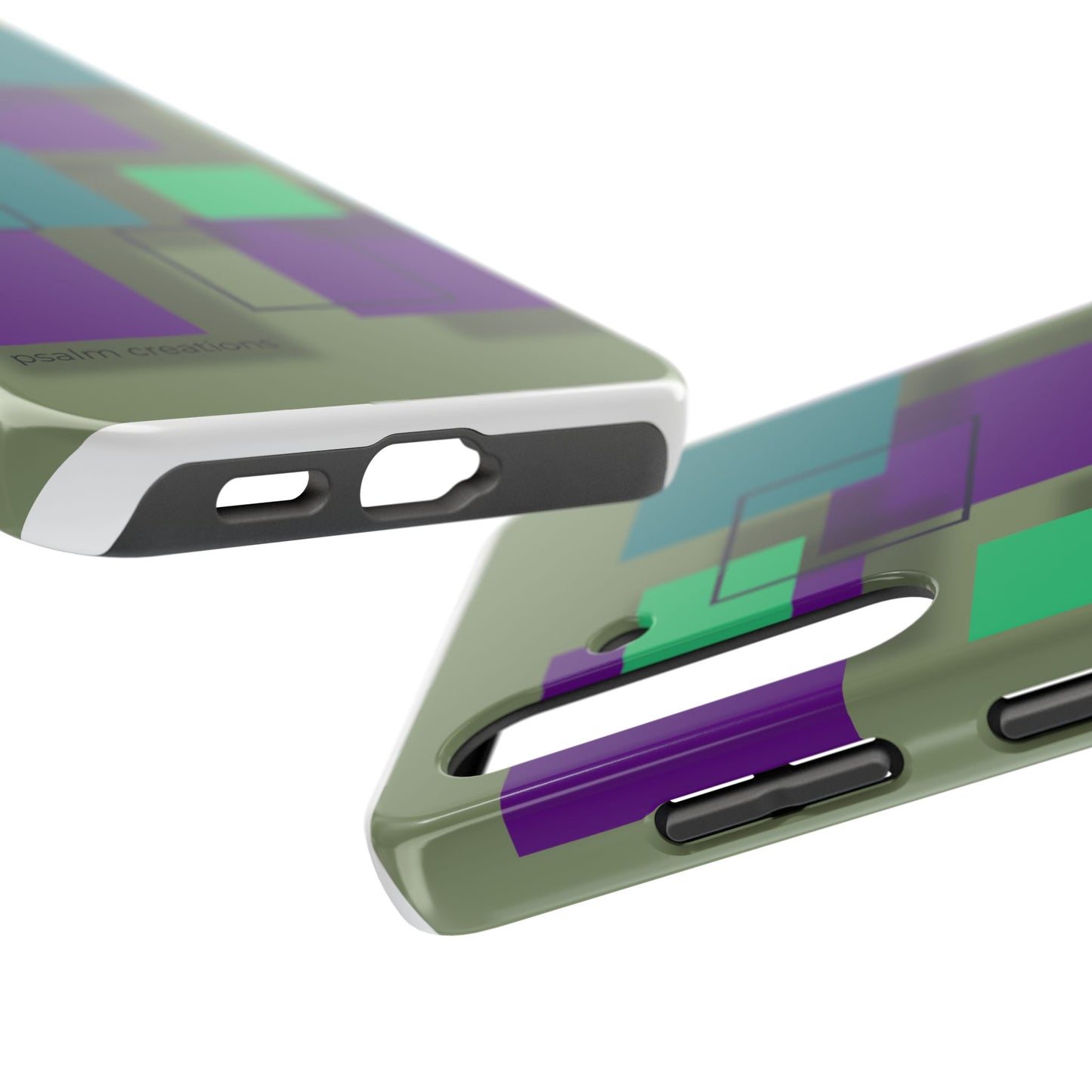 Geometric Olive Green Tough Phone Case – Teal & Purple Square Pattern