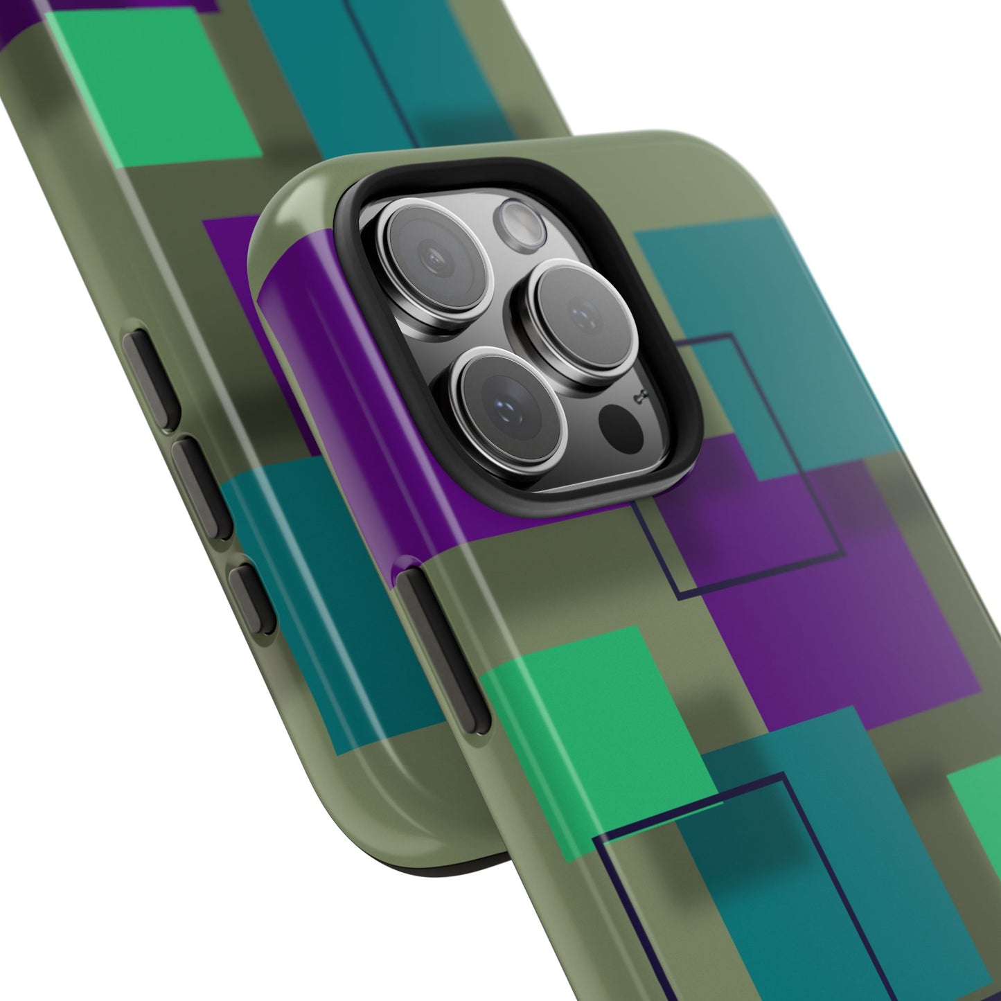 Geometric Olive Green Tough Phone Case – Teal & Purple Square Pattern