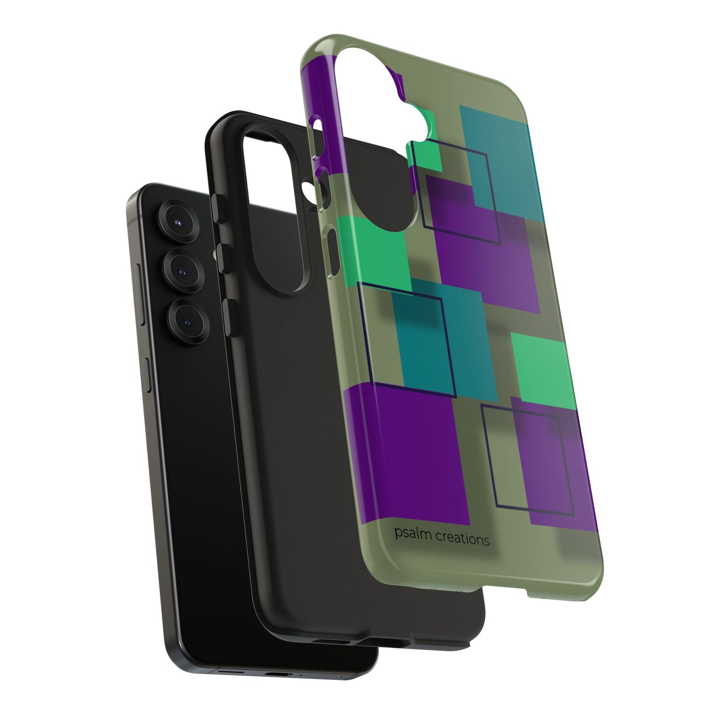 Geometric Olive Green Tough Phone Case – Teal & Purple Square Pattern