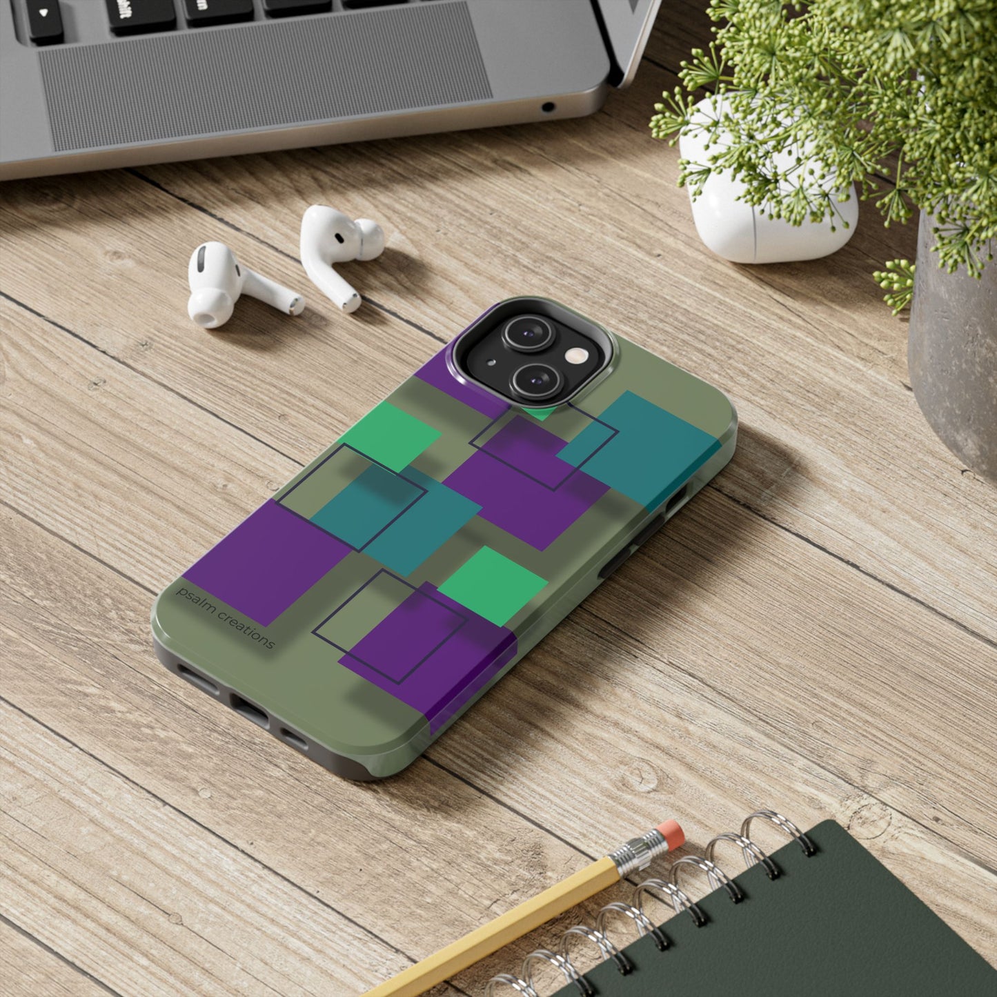 Geometric Olive Green Tough Phone Case – Teal & Purple Square Pattern