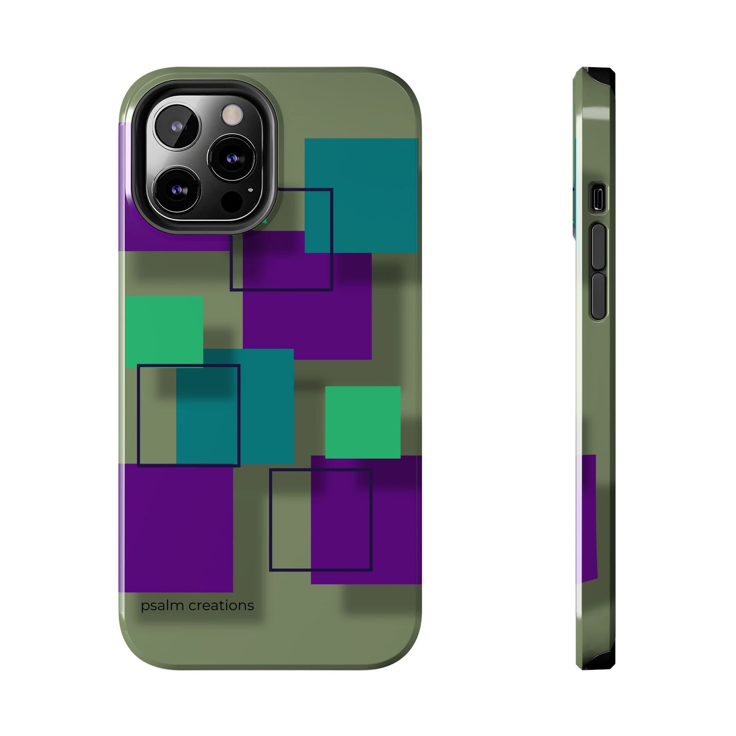Geometric Olive Green Tough Phone Case – Teal & Purple Square Pattern
