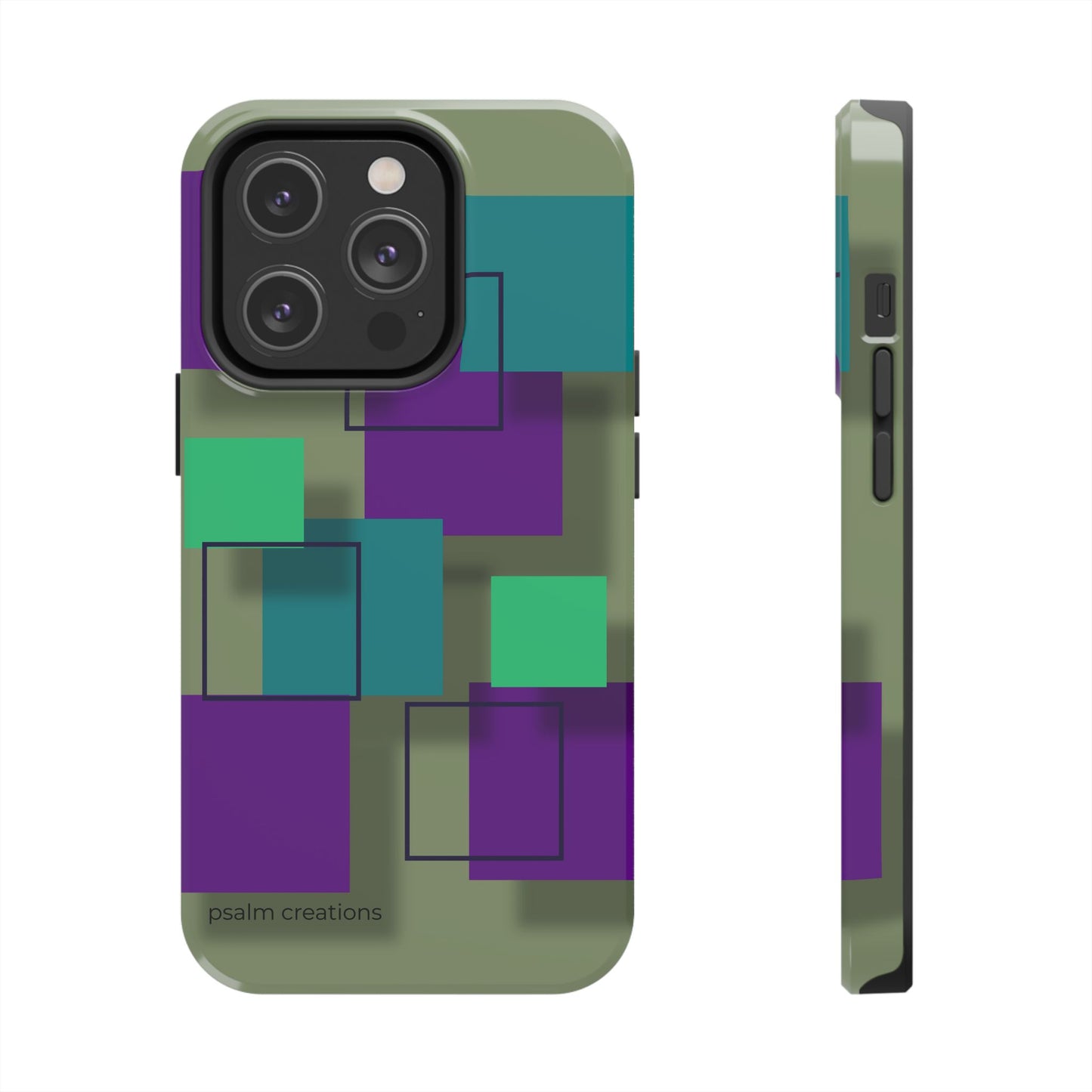 Geometric Olive Green Tough Phone Case – Teal & Purple Square Pattern