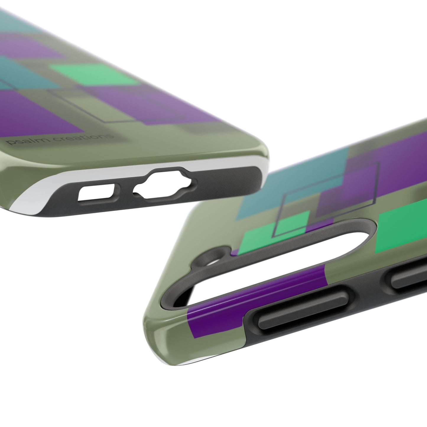 Geometric Olive Green Tough Phone Case – Teal & Purple Square Pattern