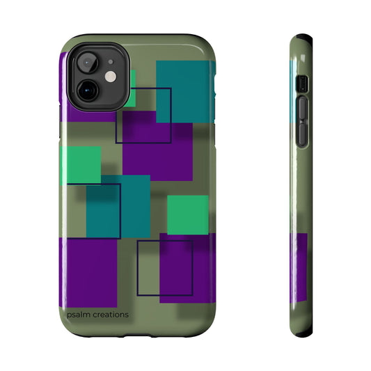 Geometric Olive Green Tough Phone Case – Teal & Purple Square Pattern