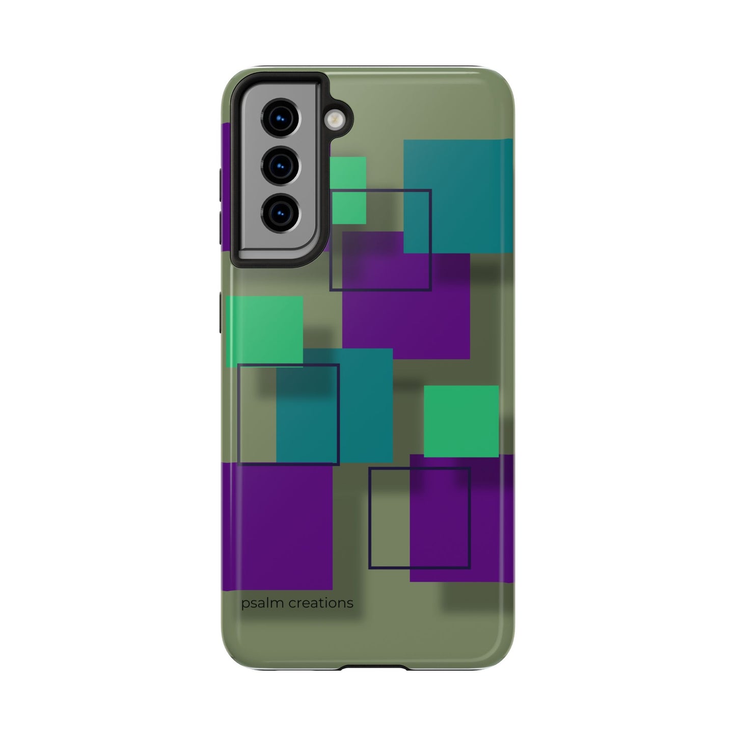 Geometric Olive Green Tough Phone Case – Teal & Purple Square Pattern