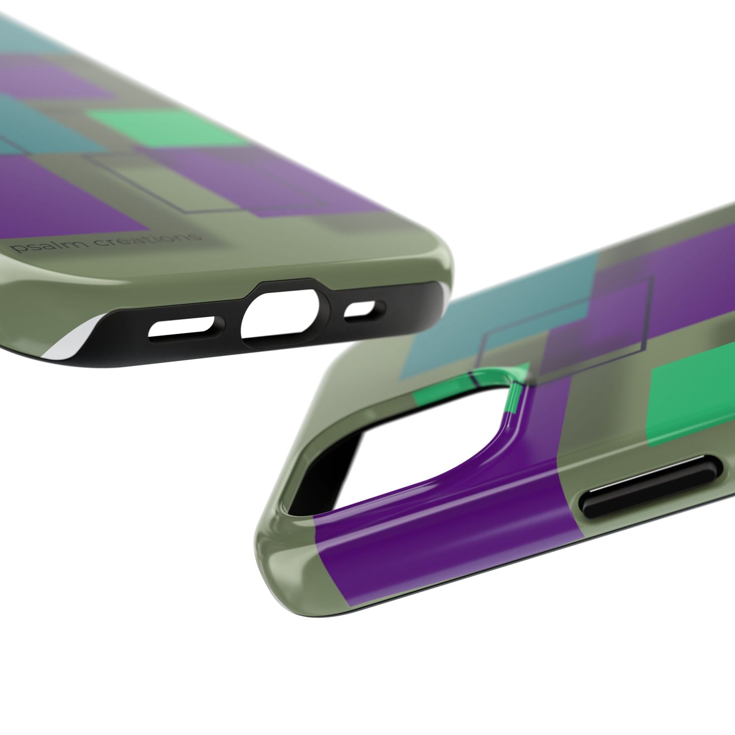 Geometric Olive Green Tough Phone Case – Teal & Purple Square Pattern