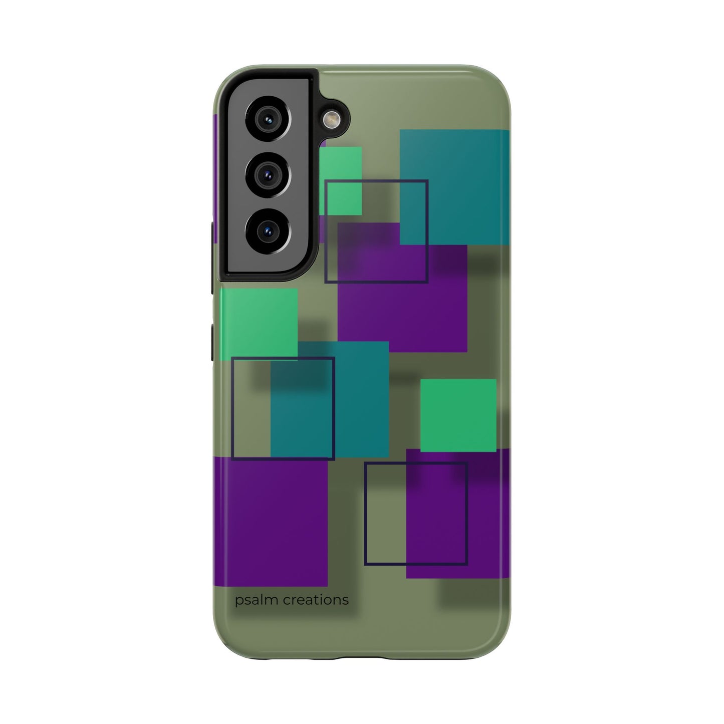 Geometric Olive Green Tough Phone Case – Teal & Purple Square Pattern