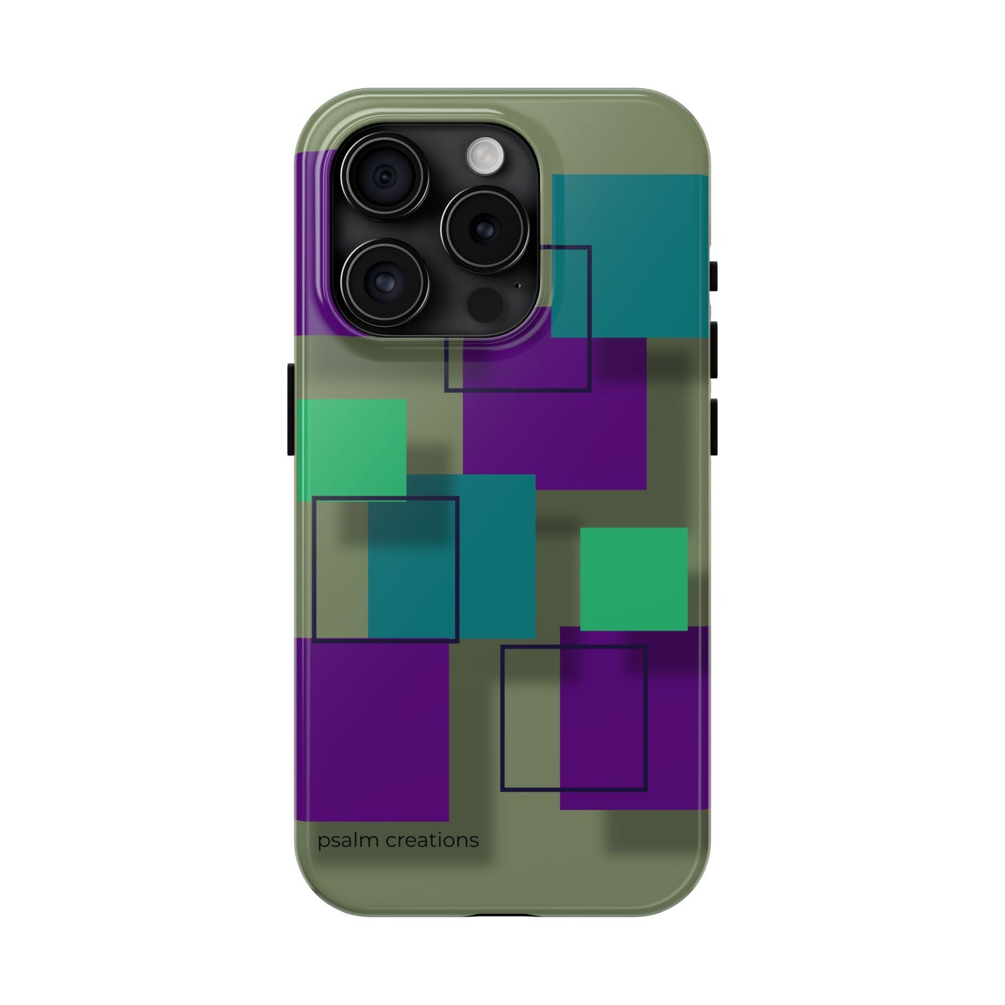 Geometric Olive Green Tough Phone Case – Teal & Purple Square Pattern