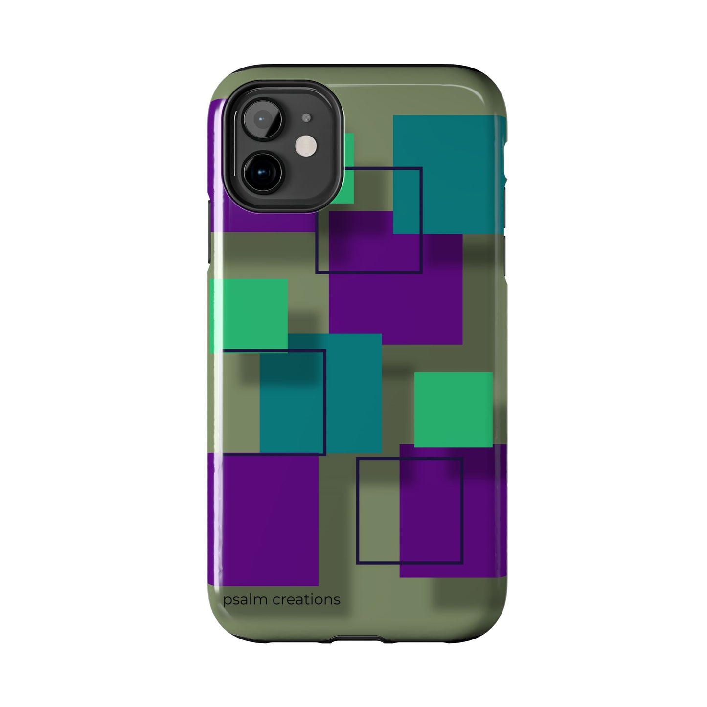 Geometric Olive Green Tough Phone Case – Teal & Purple Square Pattern