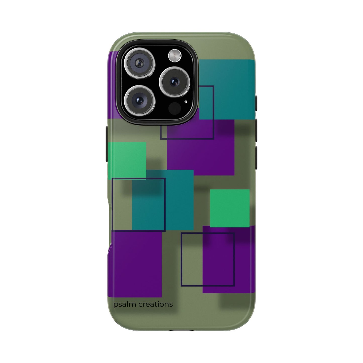 Geometric Olive Green Tough Phone Case – Teal & Purple Square Pattern