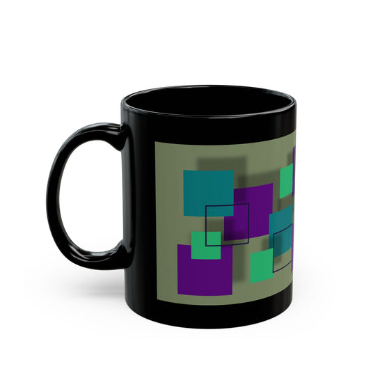 Elsewhere (Geometric Squares Black Mug)  — Modern Teal & Purple Abstract Coffee Cup (11oz/15oz)
