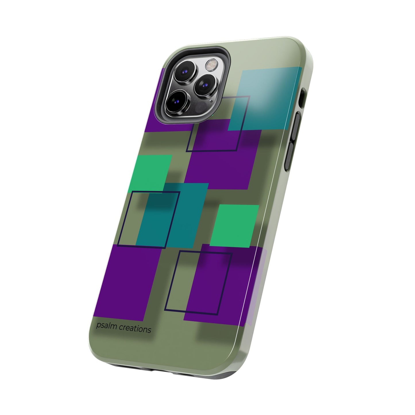 Geometric Olive Green Tough Phone Case – Teal & Purple Square Pattern