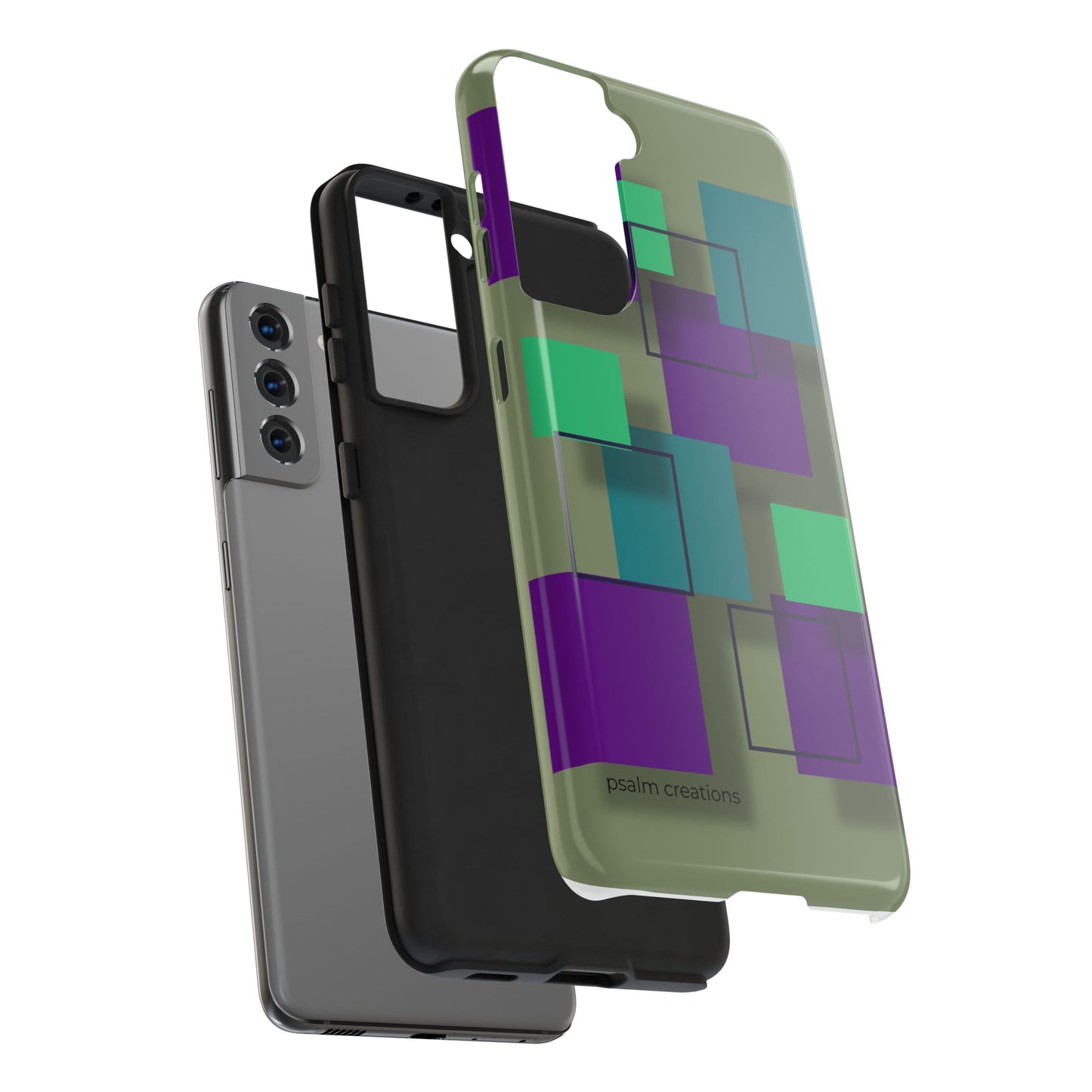 Geometric Olive Green Tough Phone Case – Teal & Purple Square Pattern