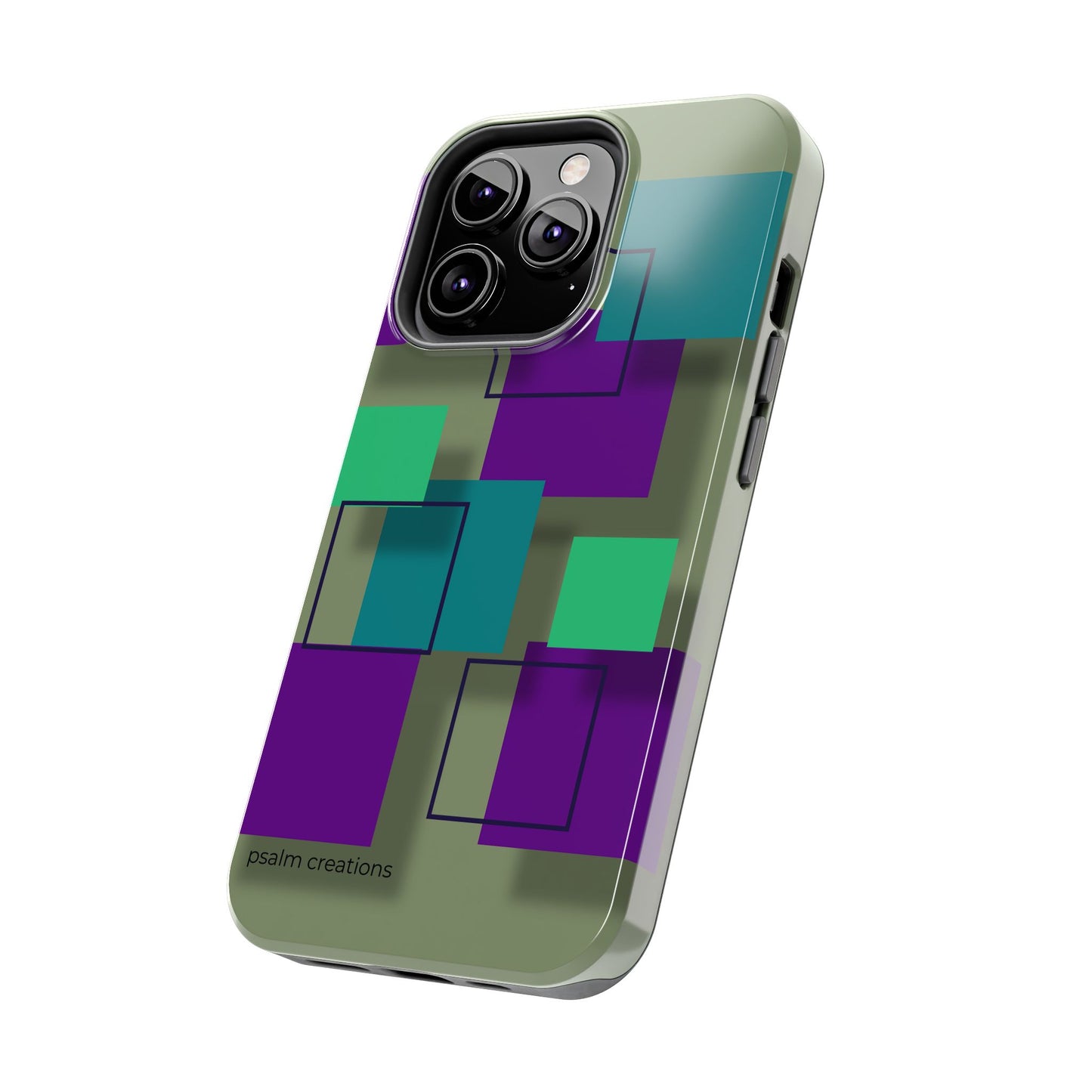 Geometric Olive Green Tough Phone Case – Teal & Purple Square Pattern