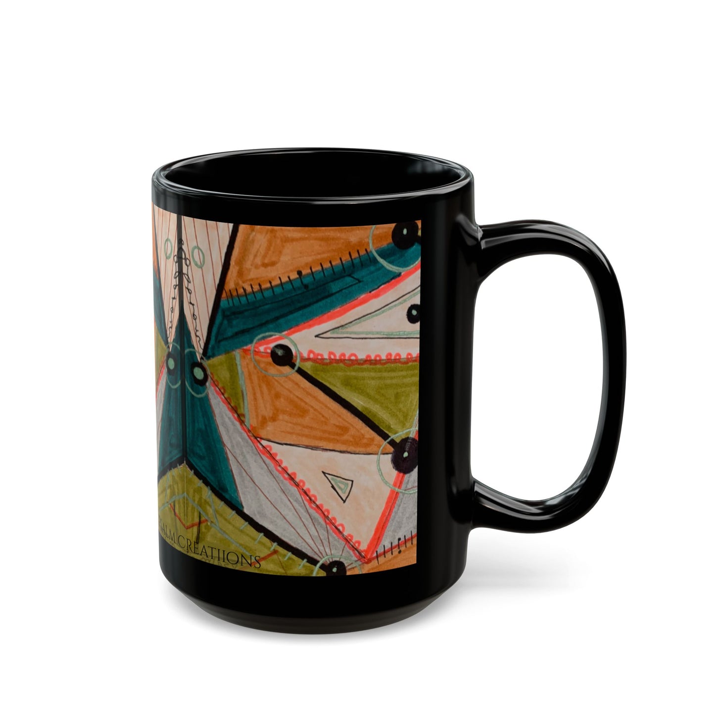Abstract Geometric Art Mug — Colorful Patterned Black Ceramic Coffee Cup (11oz/15oz)