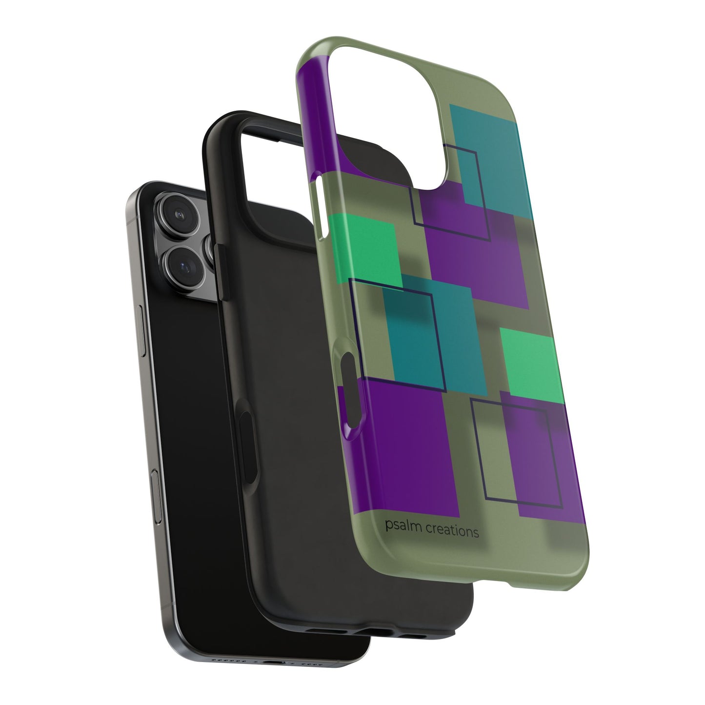 Geometric Olive Green Tough Phone Case – Teal & Purple Square Pattern