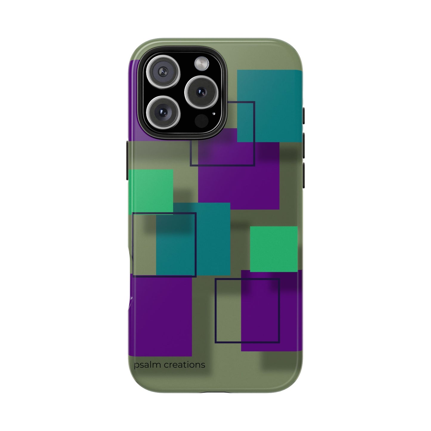 Geometric Olive Green Tough Phone Case – Teal & Purple Square Pattern