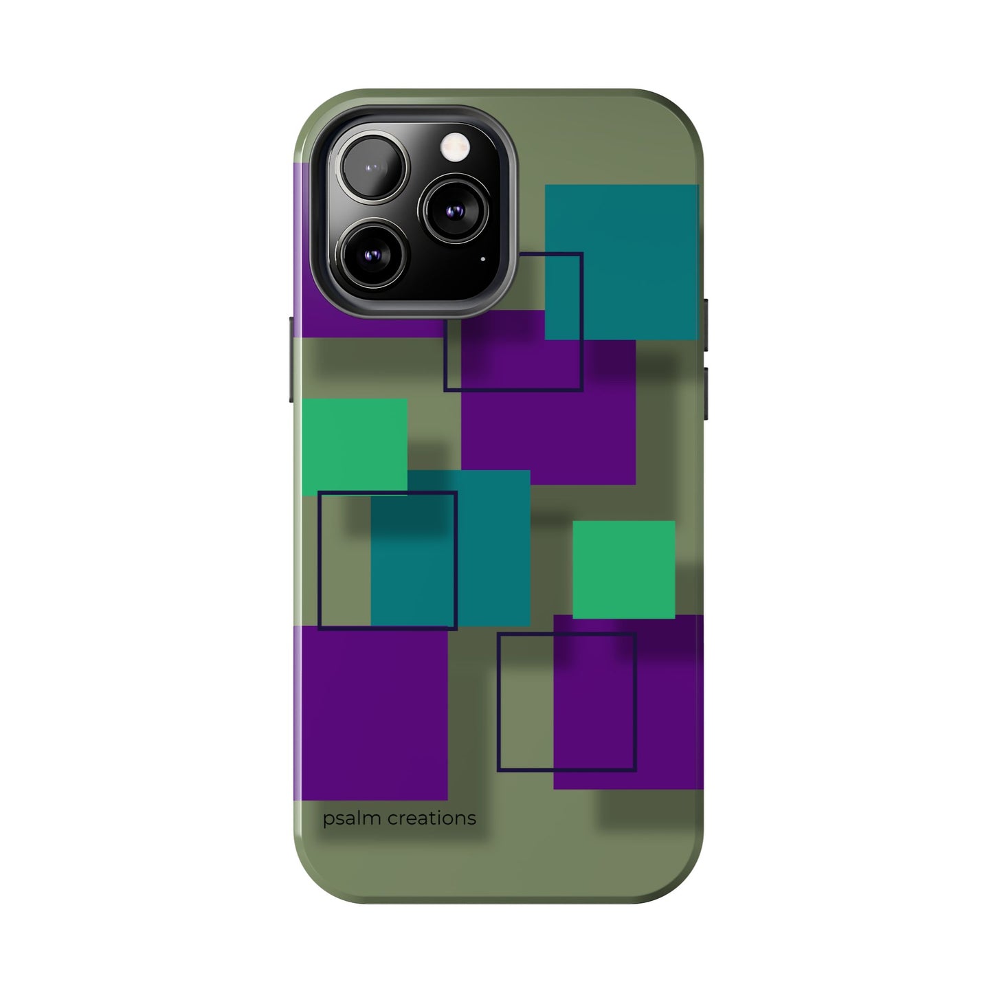 Geometric Olive Green Tough Phone Case – Teal & Purple Square Pattern