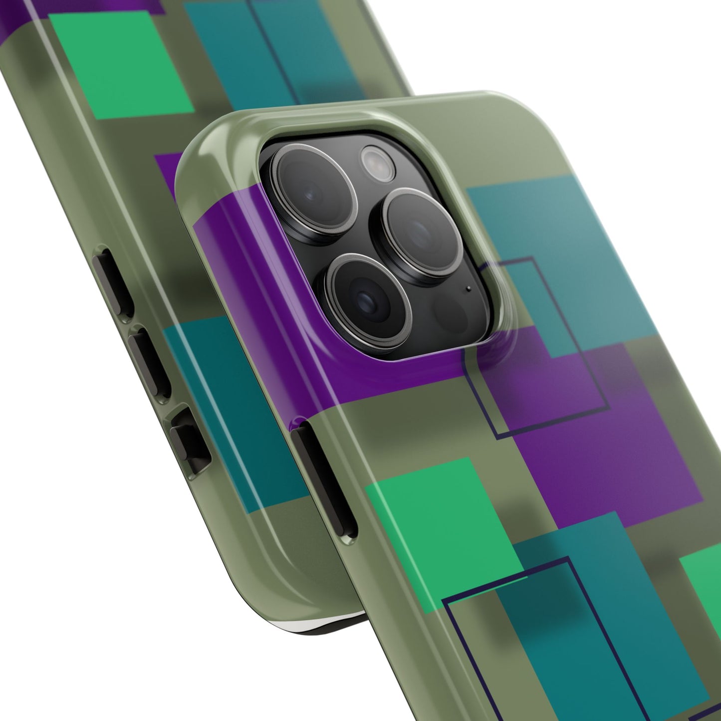 Geometric Olive Green Tough Phone Case – Teal & Purple Square Pattern