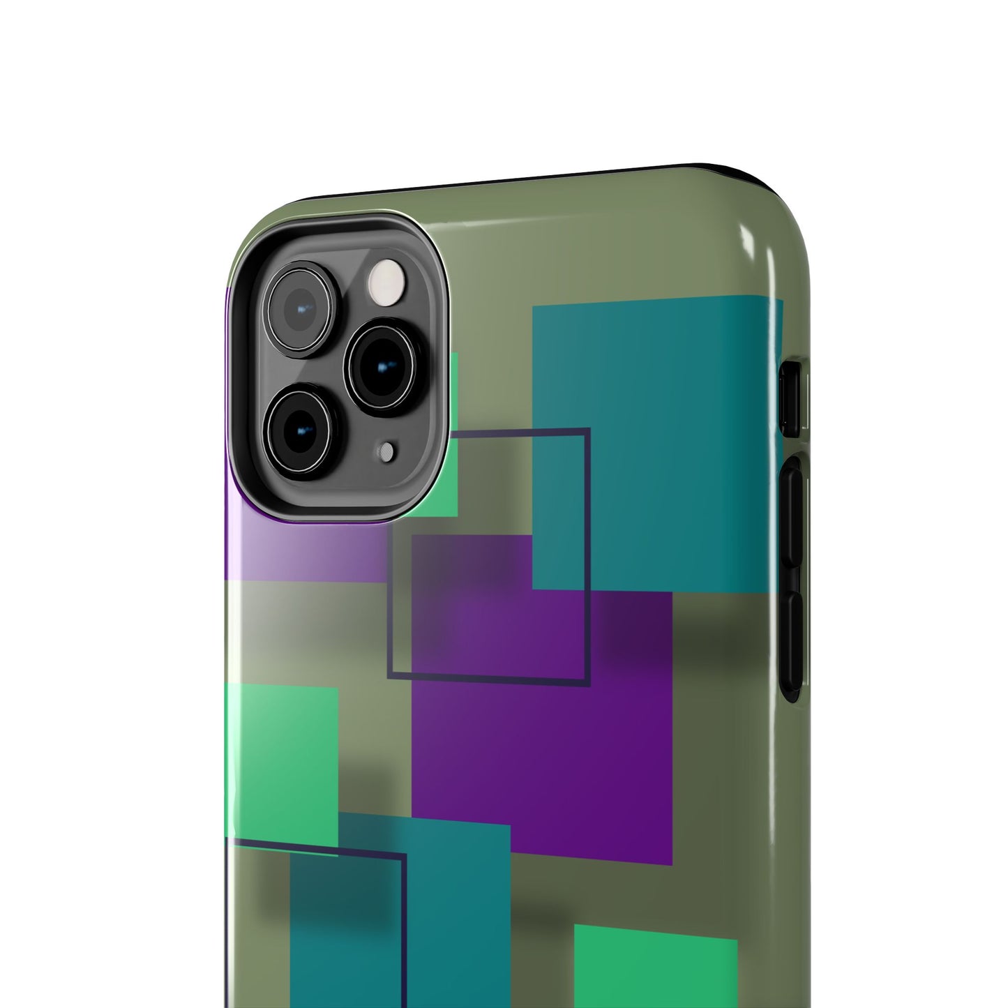 Geometric Olive Green Tough Phone Case – Teal & Purple Square Pattern