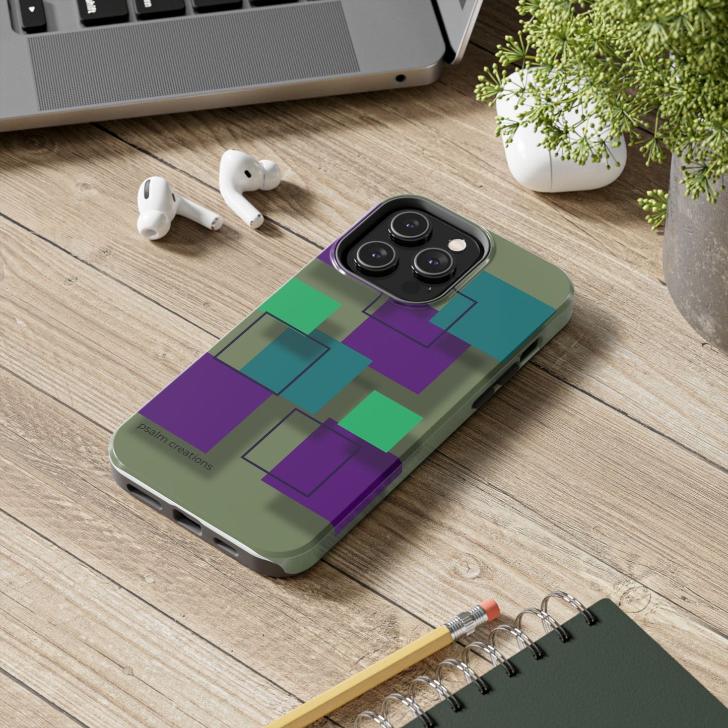 Geometric Olive Green Tough Phone Case – Teal & Purple Square Pattern