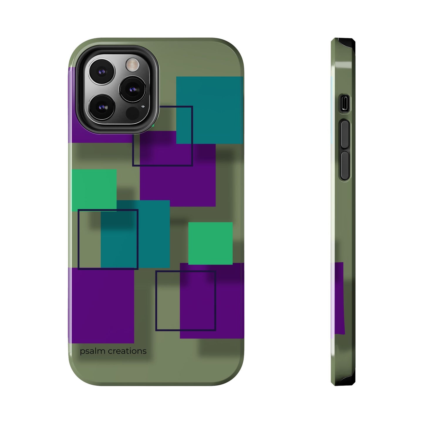 Geometric Olive Green Tough Phone Case – Teal & Purple Square Pattern