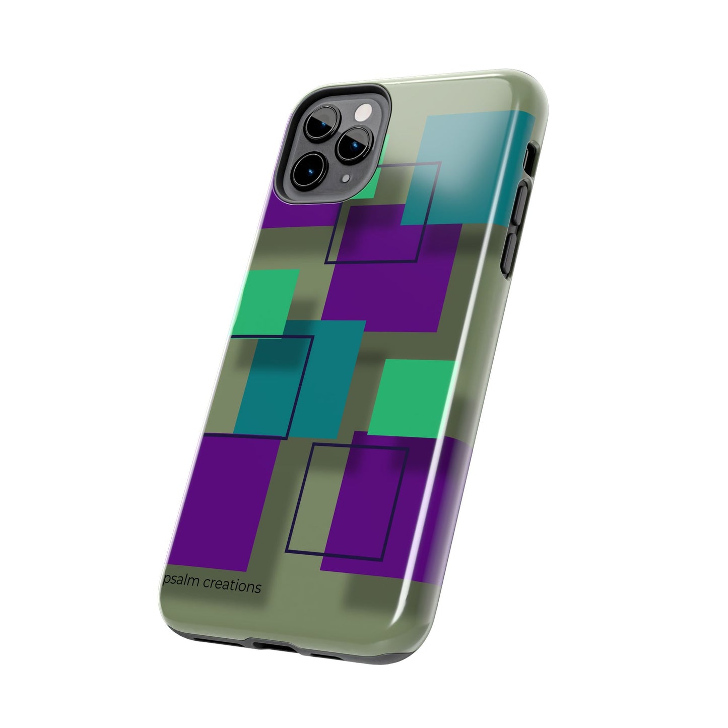 Geometric Olive Green Tough Phone Case – Teal & Purple Square Pattern