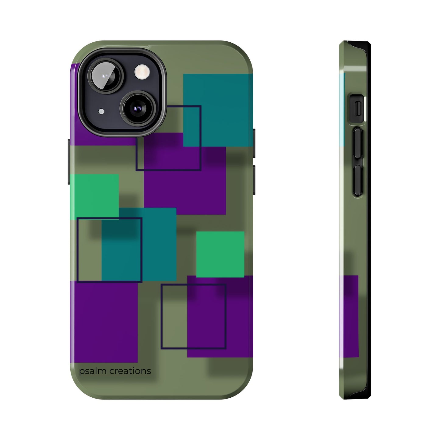 Geometric Olive Green Tough Phone Case – Teal & Purple Square Pattern