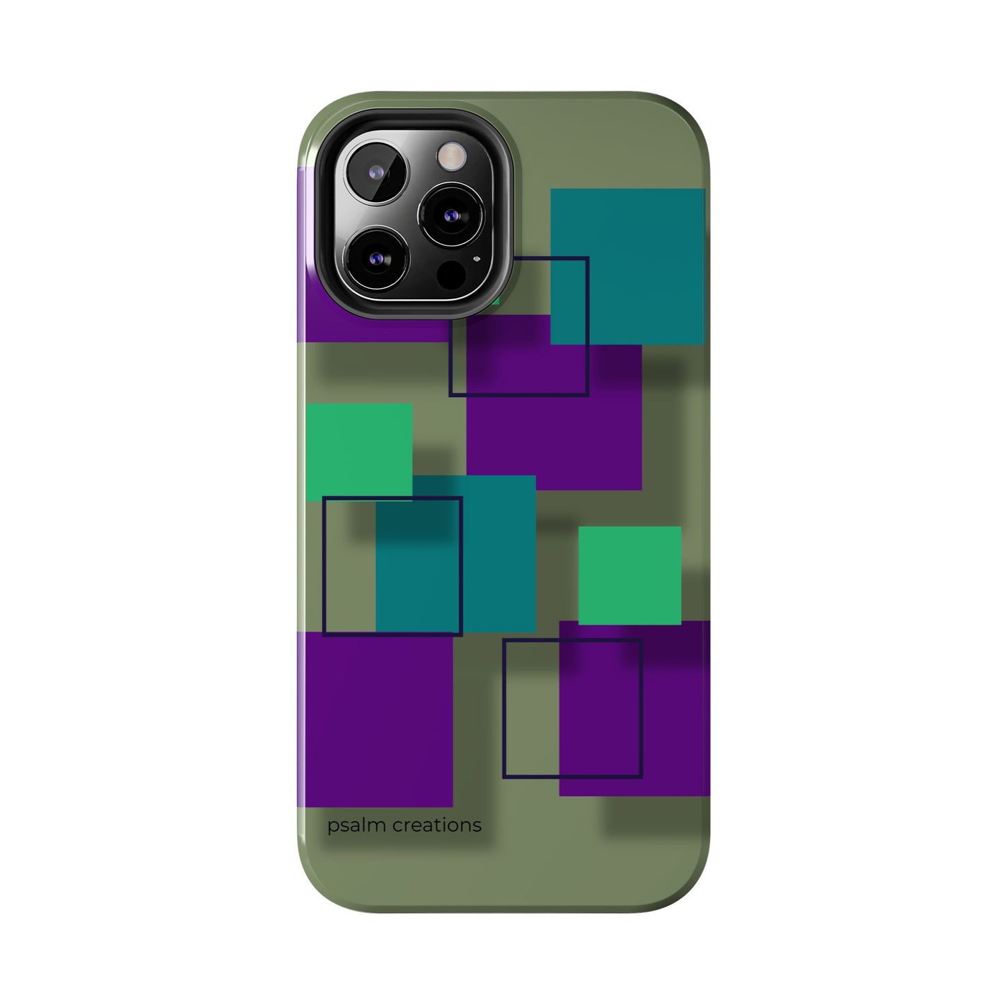 Geometric Olive Green Tough Phone Case – Teal & Purple Square Pattern